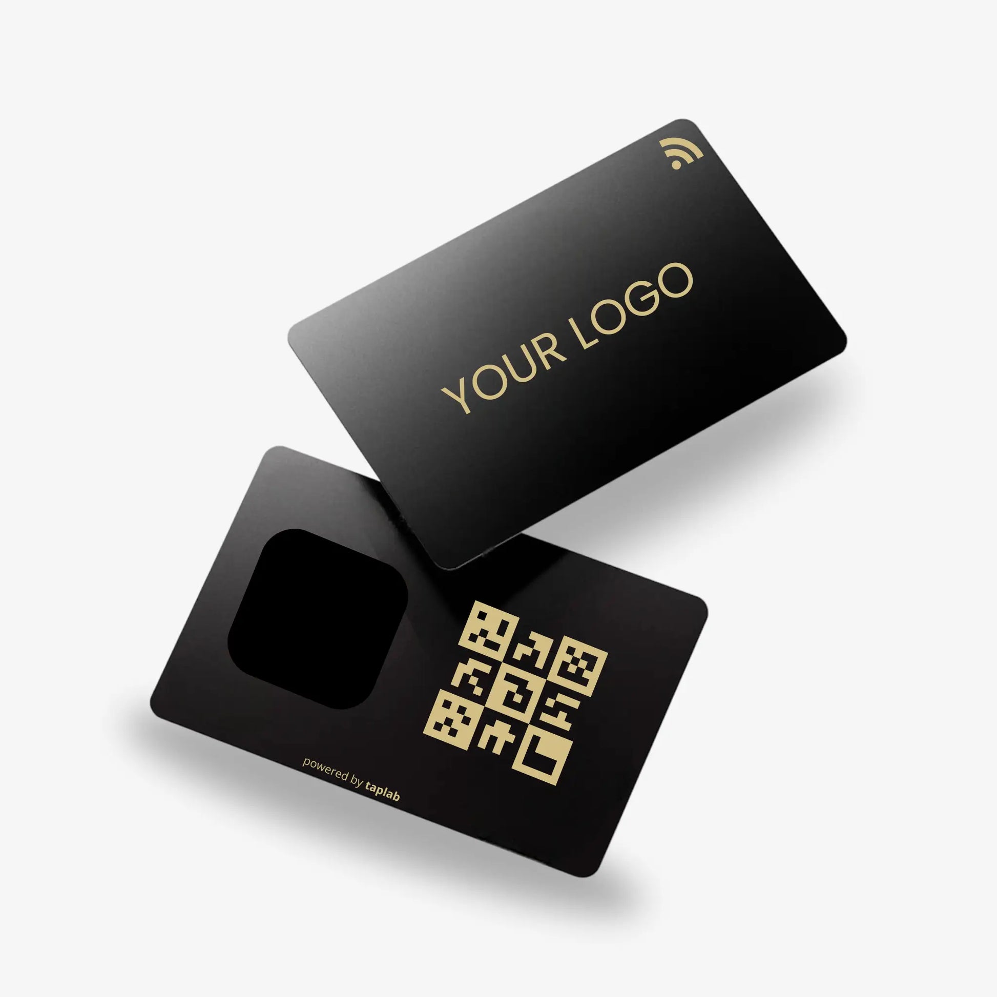 Black metal NFC business card with laser-engraved logo