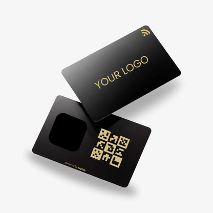 Black metal NFC business card with laser-engraved logo