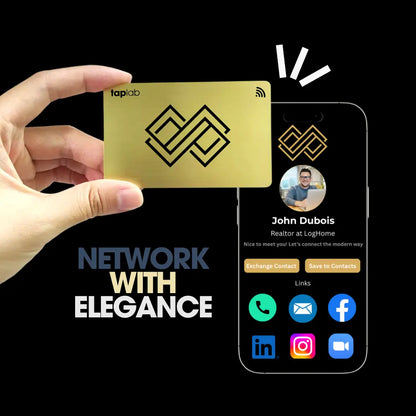 A Gold Metal NFC card tapping a phone to share the digital business profile
