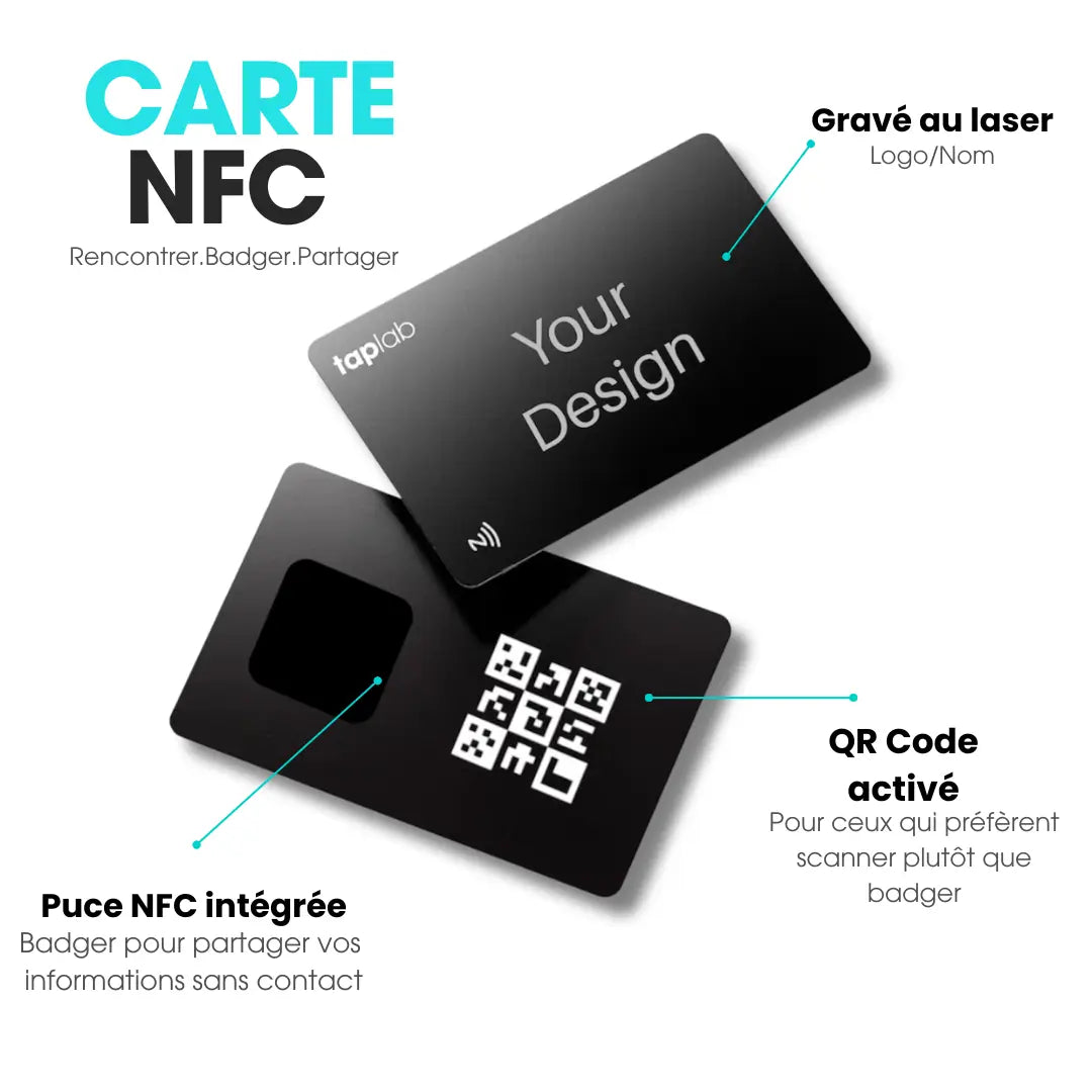 NFC business card showcasing its key features: laser-engraved front logo, NFC chip embedded on the back, and QR code for easy scanning.
