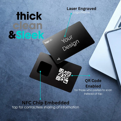 Black metal NFC business card with laser-engraved logo.