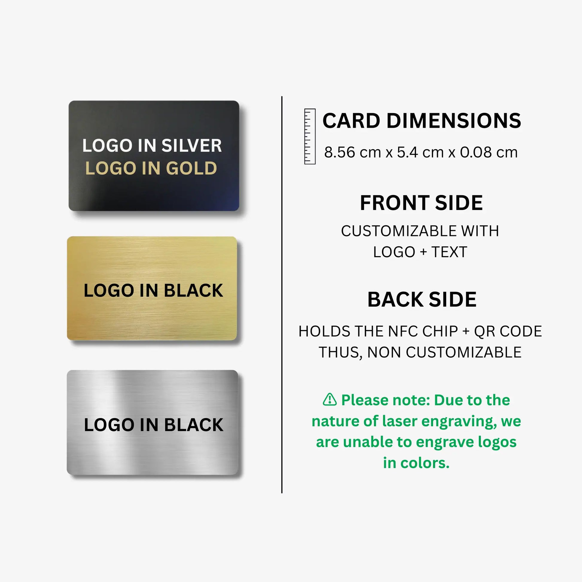 Visual guide showing NFC business card dimensions, customization details, front and back design notes, and engraving color options for black, silver, and gold cards.