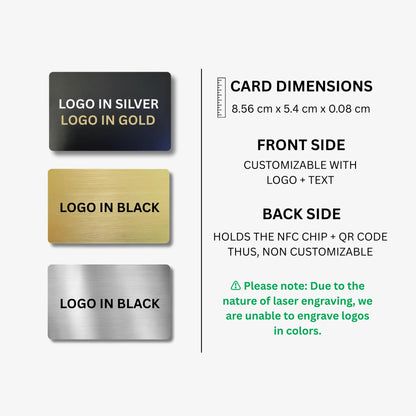 Visual guide showing NFC business card dimensions, customization details, front and back design notes, and engraving color options for black, silver, and gold cards.