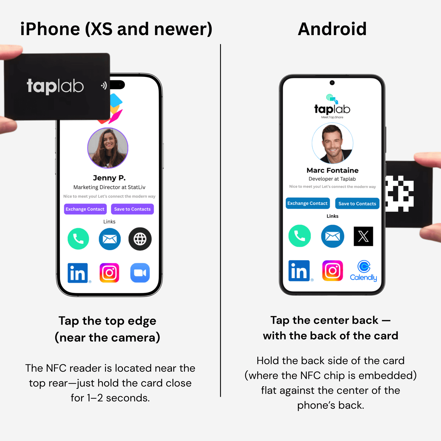 Visual guide showing how to tap an NFC card on an iPhone (top edge near camera) and Android (center back using the card’s NFC chip side) for proper scanning.