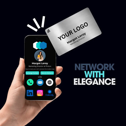 A brushed silver metal NFC card tapping a phone to share the digital business card